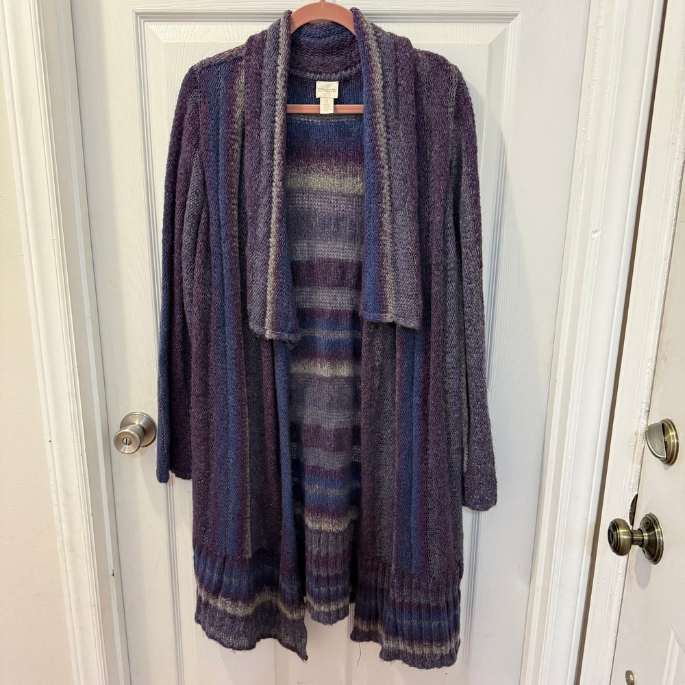 Chicos Size 2 (XL) Mixed Stripe Open Front‎ Long Cardigan Sweater Purple